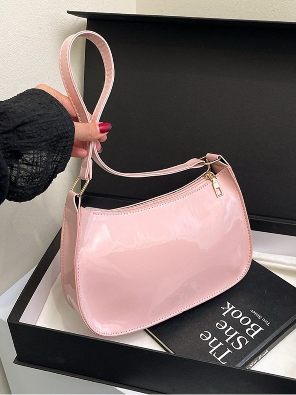 Glossy Light Pink Patent Shoulder Bag with Gold Hardware